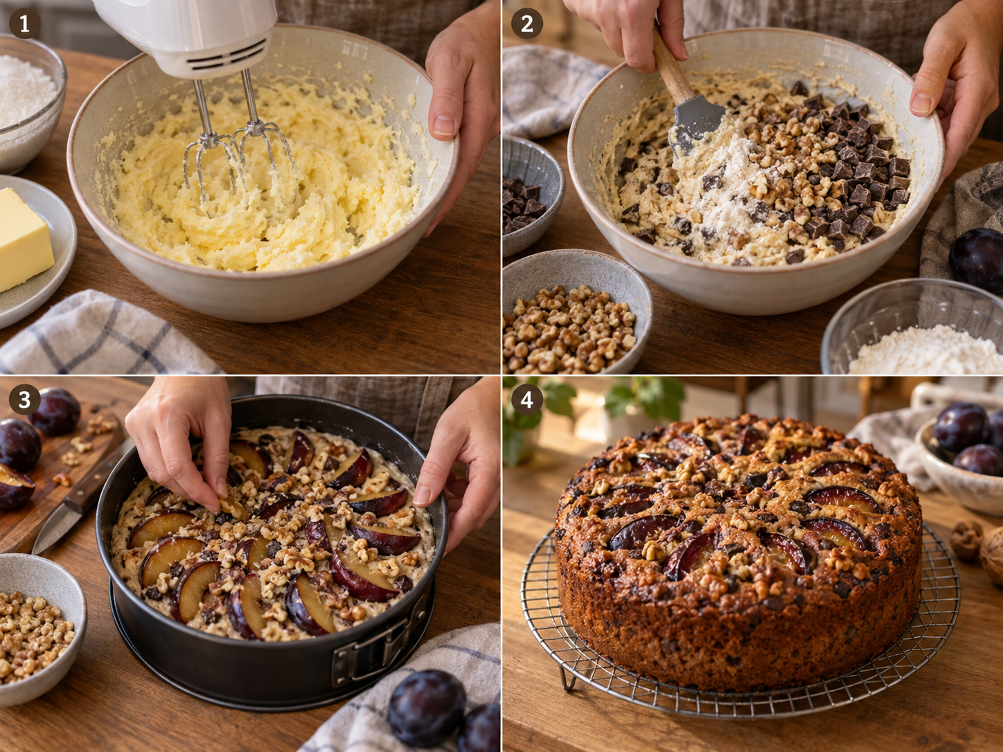 Vier Schritte für Walnusskuchen mit Pflaumen und Schokostückchen