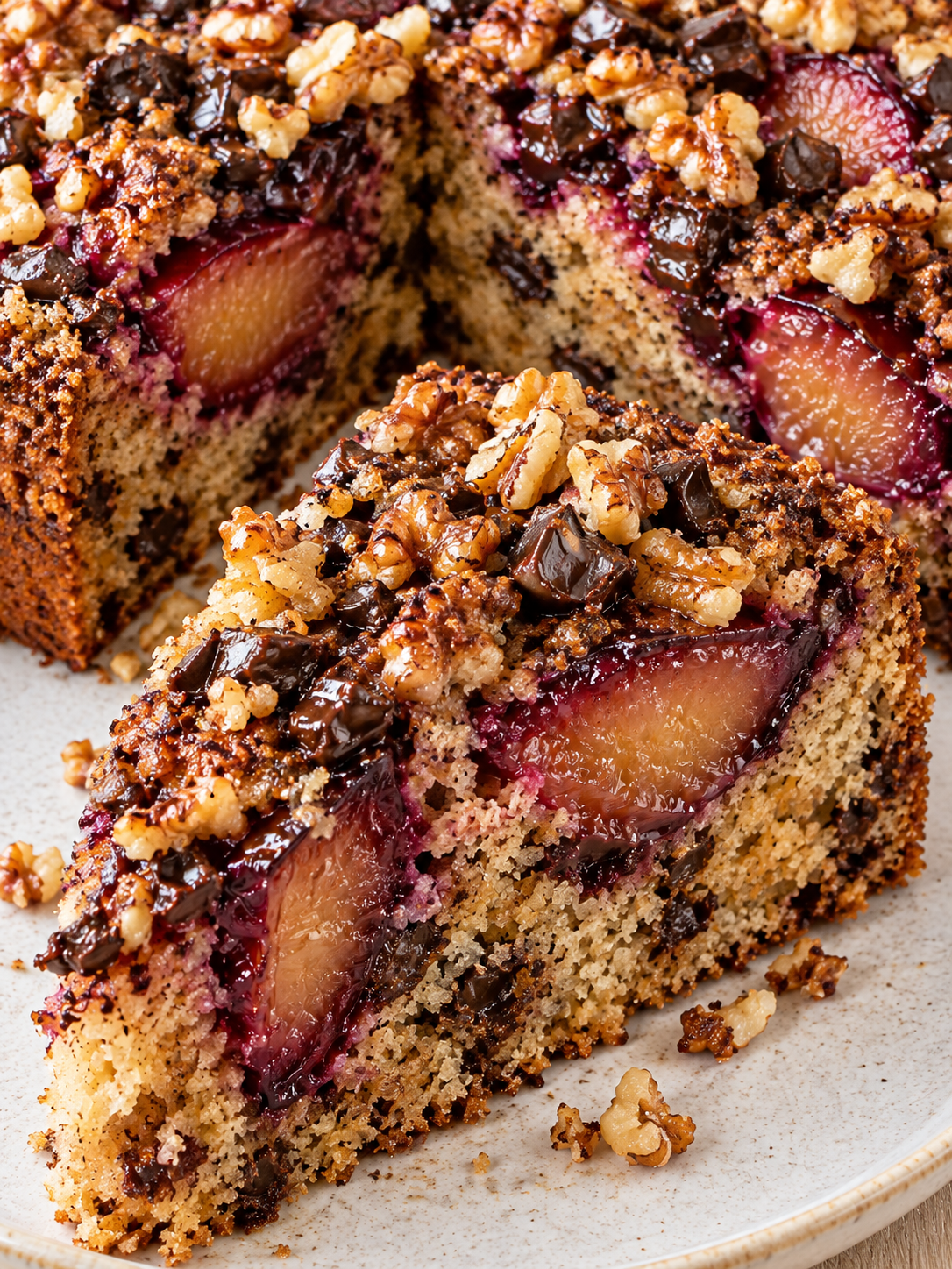 Saftiger Walnusskuchen mit Pflaumen, Schokostückchen und Walnüssen