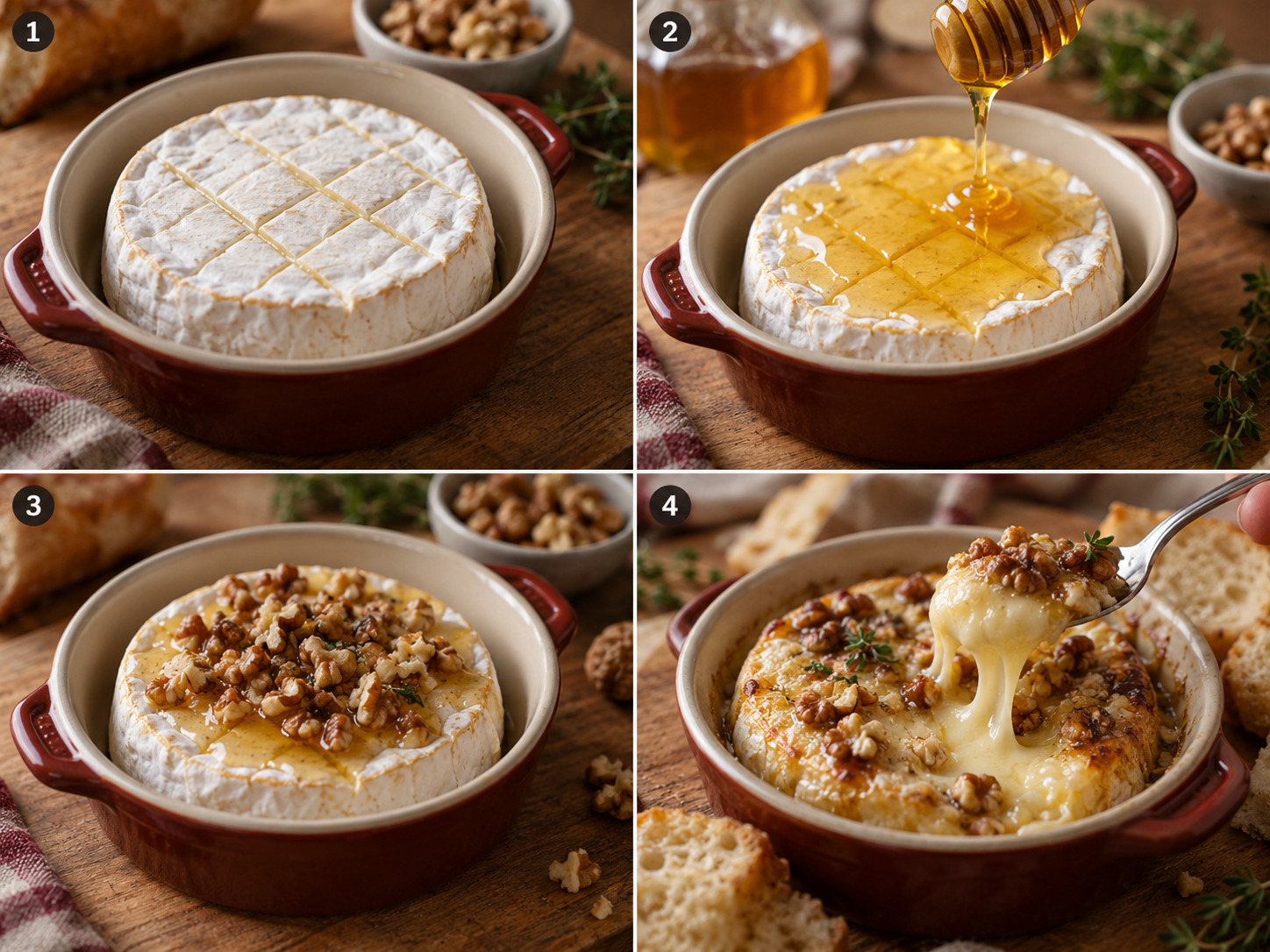 Vier Schritte für warmen Camembert mit Honig und Walnüssen
