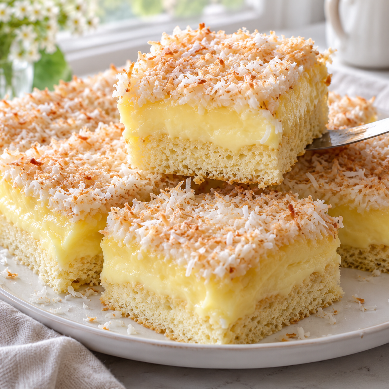 Wattekuchen mit Vanillepudding und Kokos in sauberen Stücken