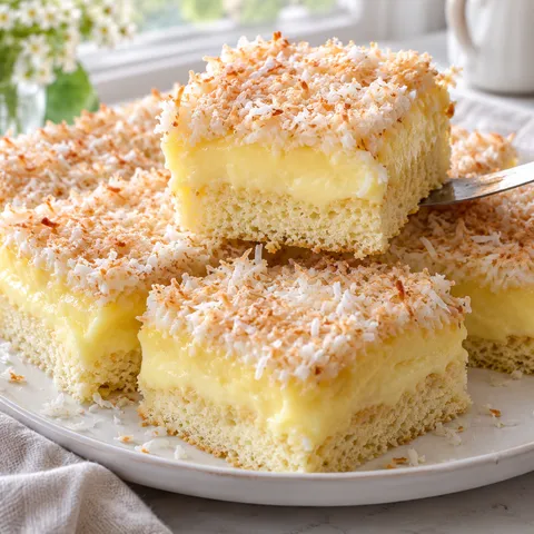 Wattekuchen mit Vanillepudding und Kokos in sauberen Stücken