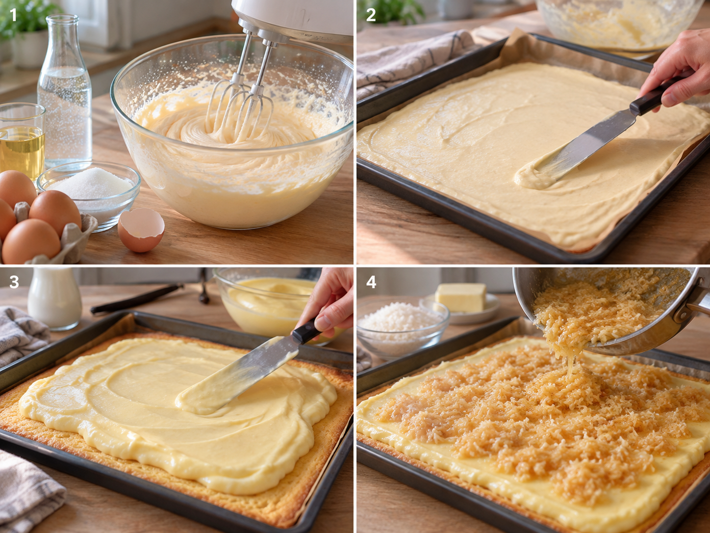 Vier Schritte für Wattekuchen vom Teig bis zum Kokosbelag