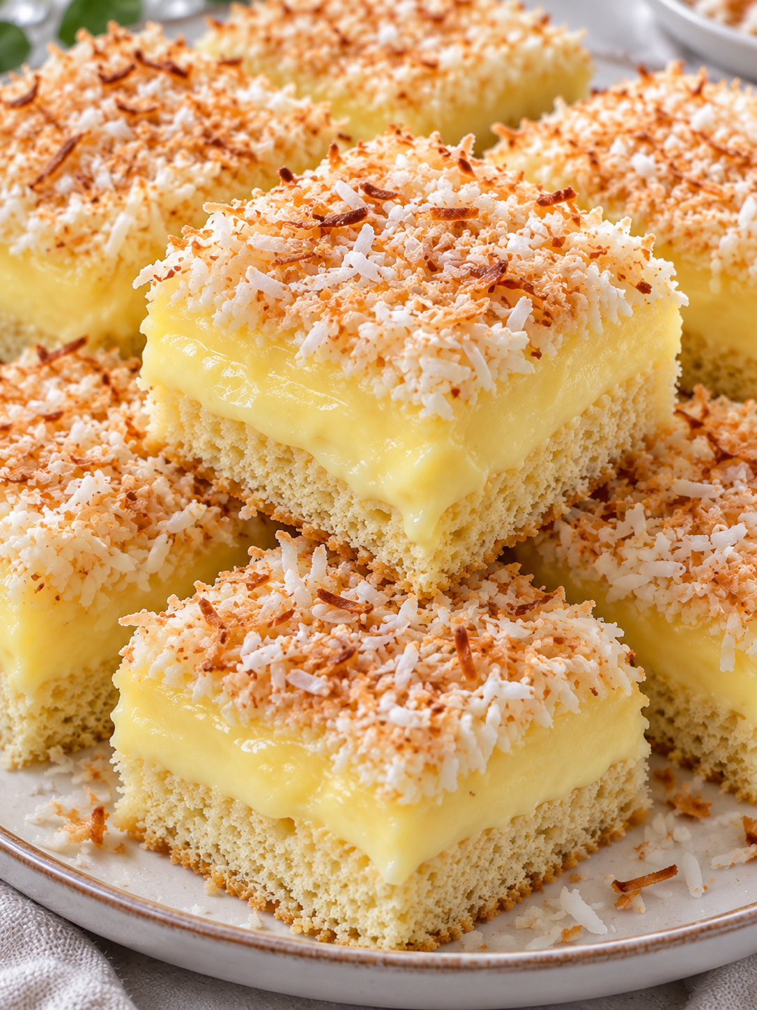 Wattekuchenstücke mit Vanillepudding und Kokos auf hellem Teller
