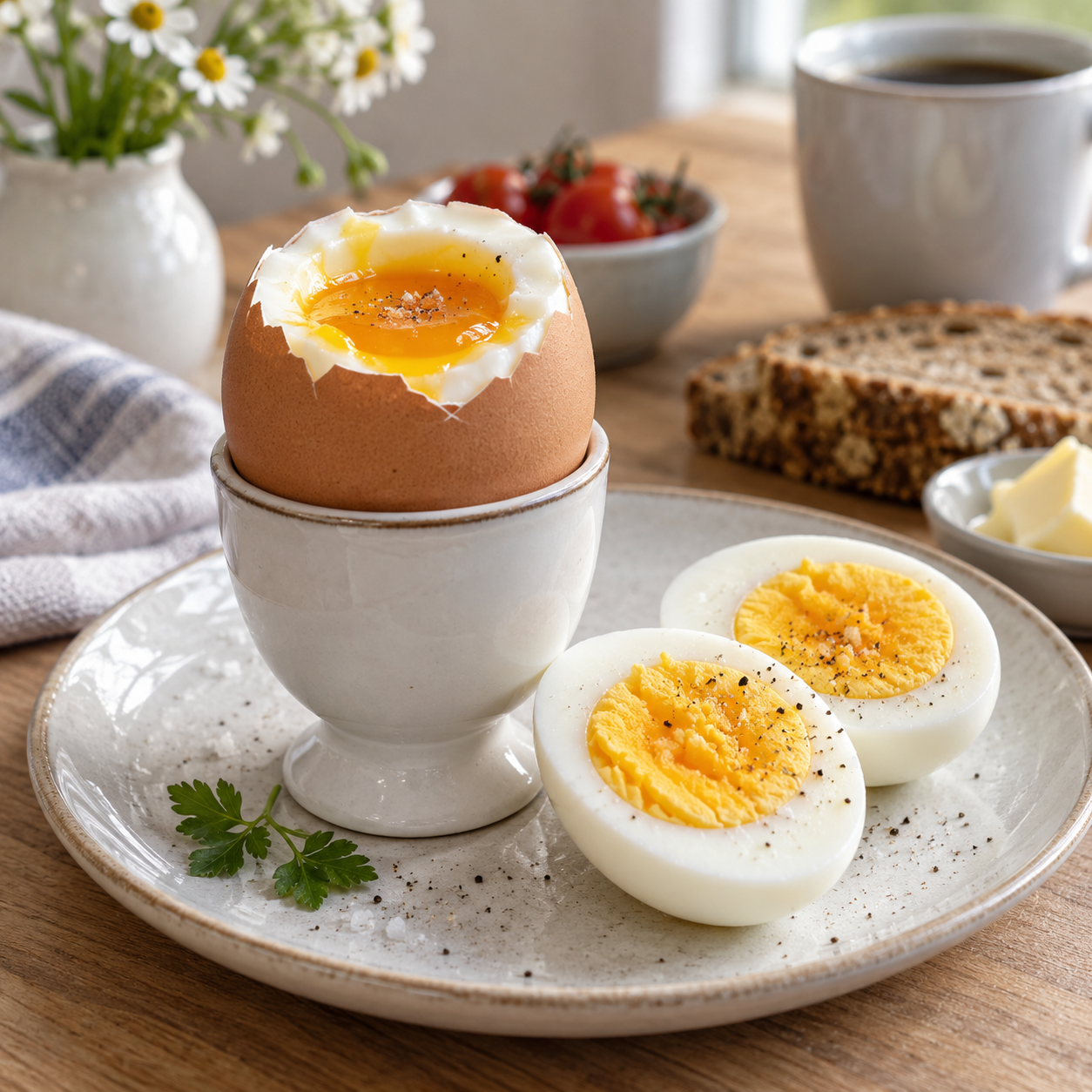 Ein weich gekochtes und ein hart gekochtes Ei auf einem Frühstückstisch.