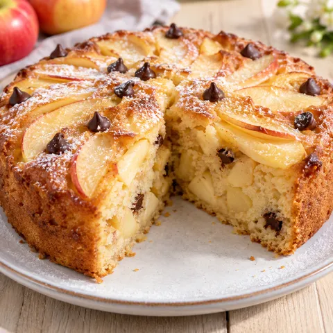 Weicher Apfelkuchen ohne Butter mit Apfelspalten und Puderzucker