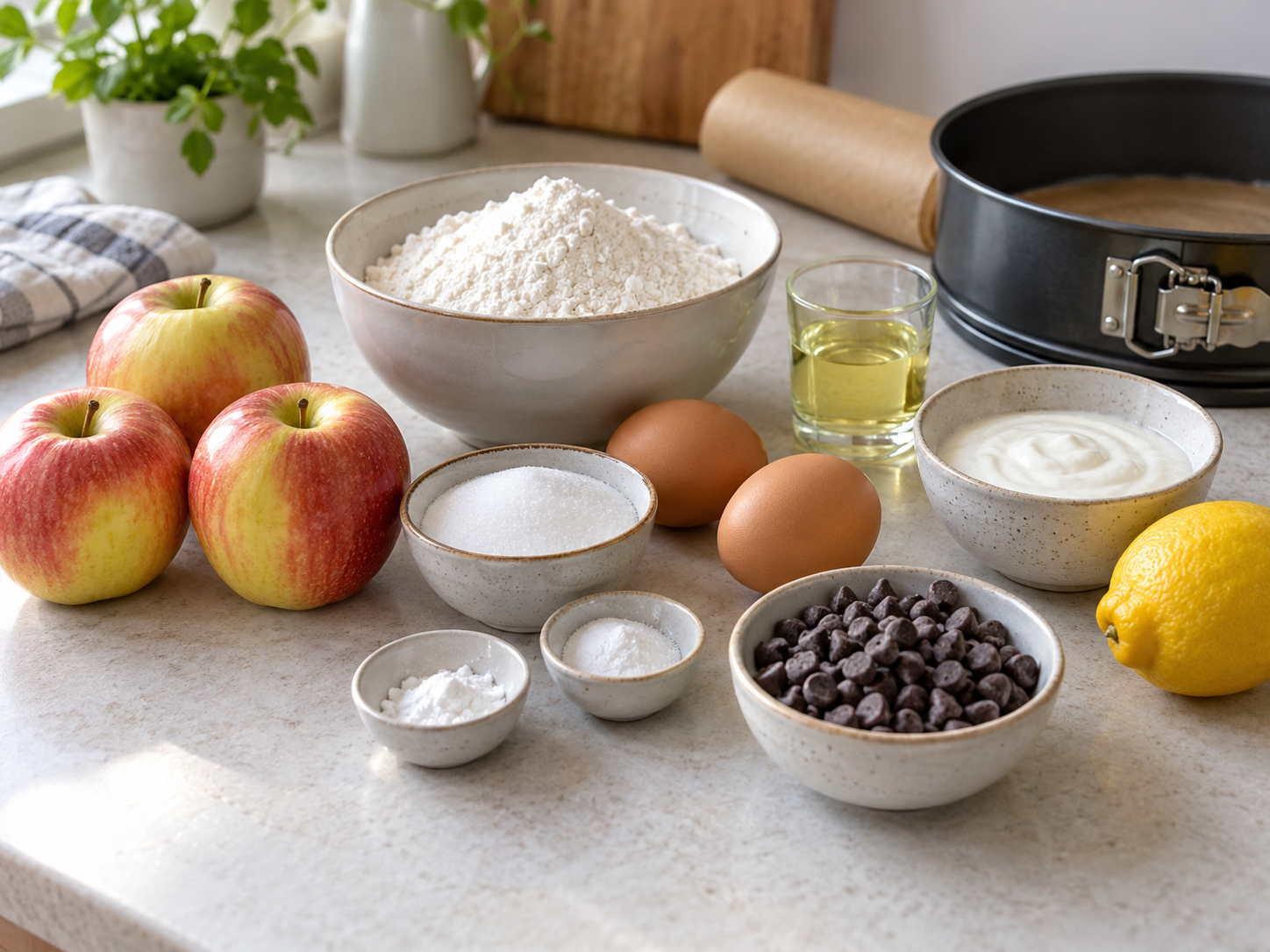 Zutaten für Apfelkuchen ohne Butter mit Äpfeln, Joghurt und Öl
