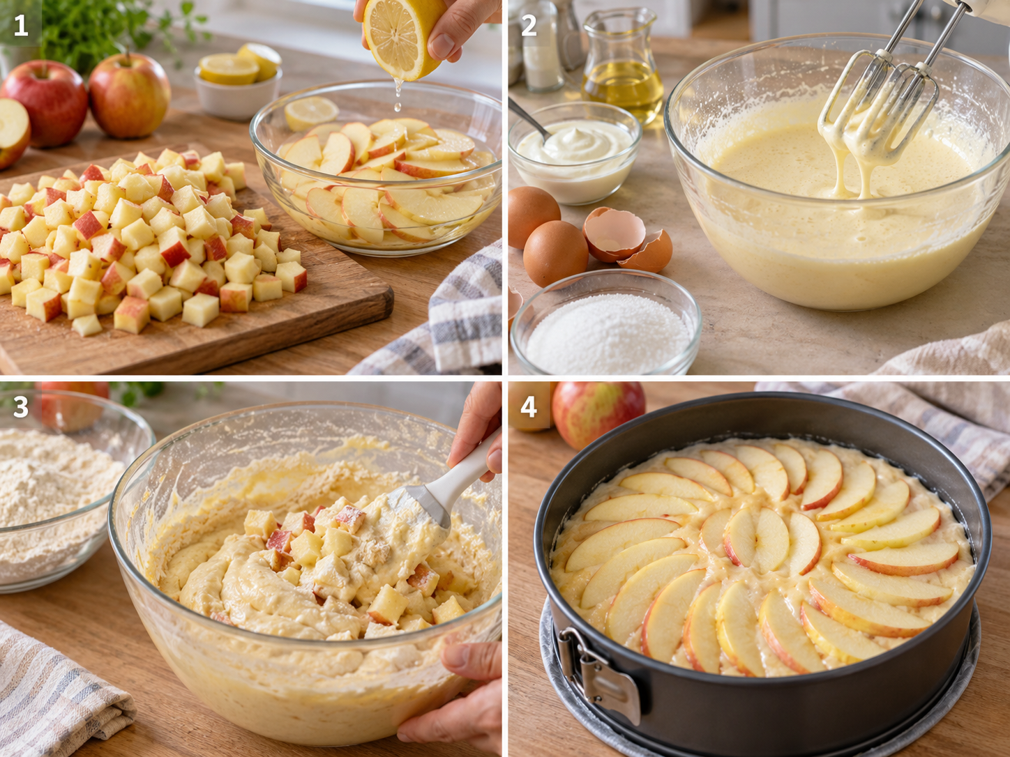 Vier Schritte für Apfelkuchen ohne Butter vom Schneiden bis zur Form
