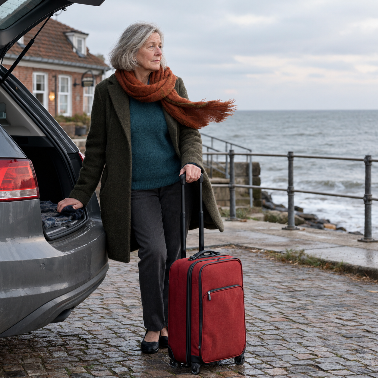 Irma steht mit ihrem roten Rollkoffer am geöffneten Kofferraum eines grauen Autos und blickt auf das winterliche Meer.