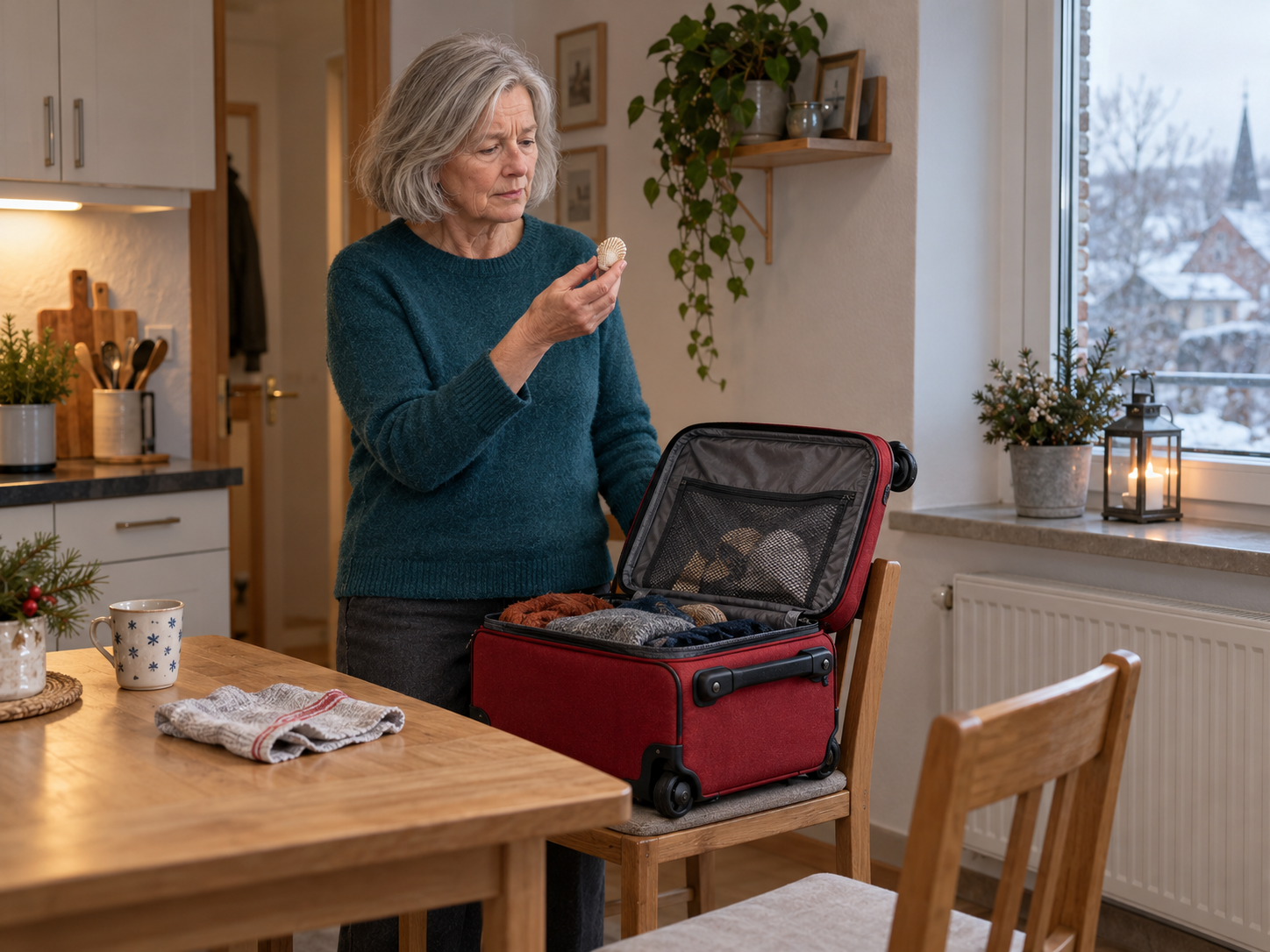 Irma hält in ihrer Küche eine kleine Muschel über ihrem geöffneten roten Reisekoffer und erinnert sich an frühere Reisen.