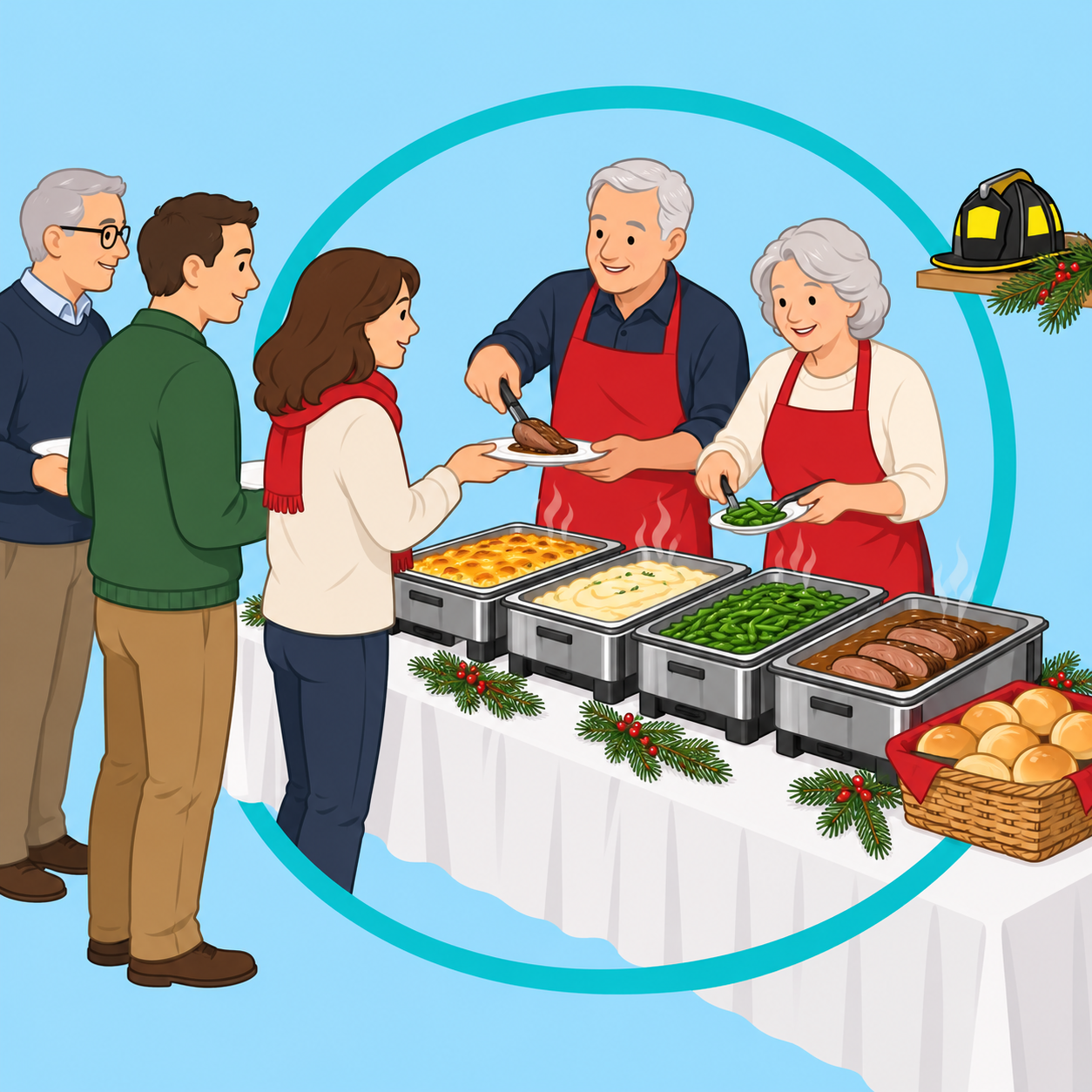 Ein älteres Paar begrüßt Gäste am Weihnachtsbuffet im Veranstaltungsbereich eines Feuerwehrhauses.