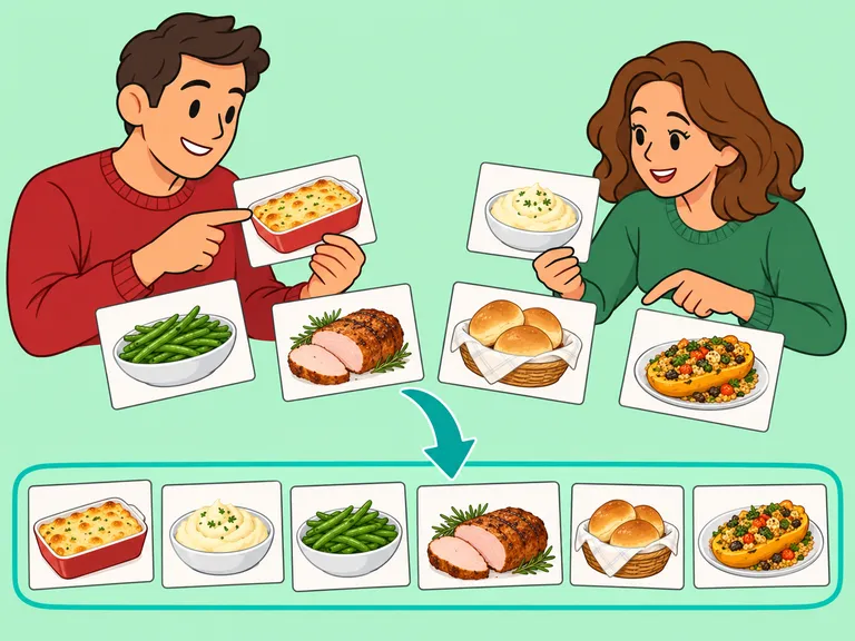 Zwei Helfer stimmen die Gerichte für das gemeinschaftliche Weihnachtsbuffet ab.