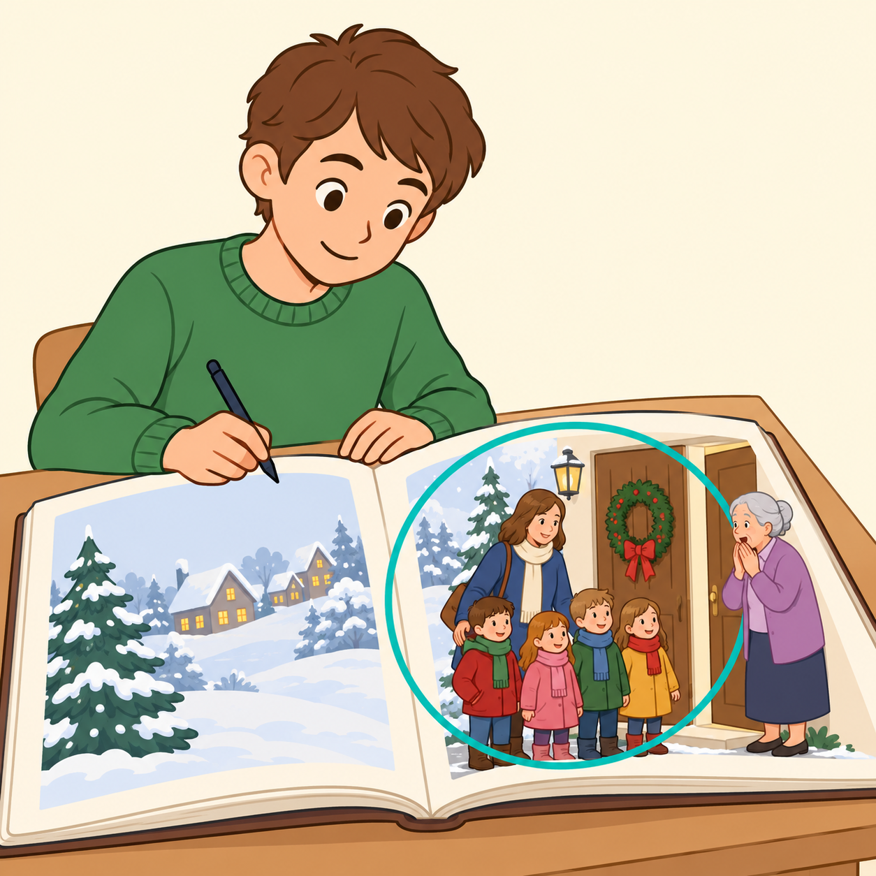 Eine schreibende Person entwickelt eine Weihnachtsgeschichte über eine Mutter, die mit ihren Vierlingen zurückkehrt.