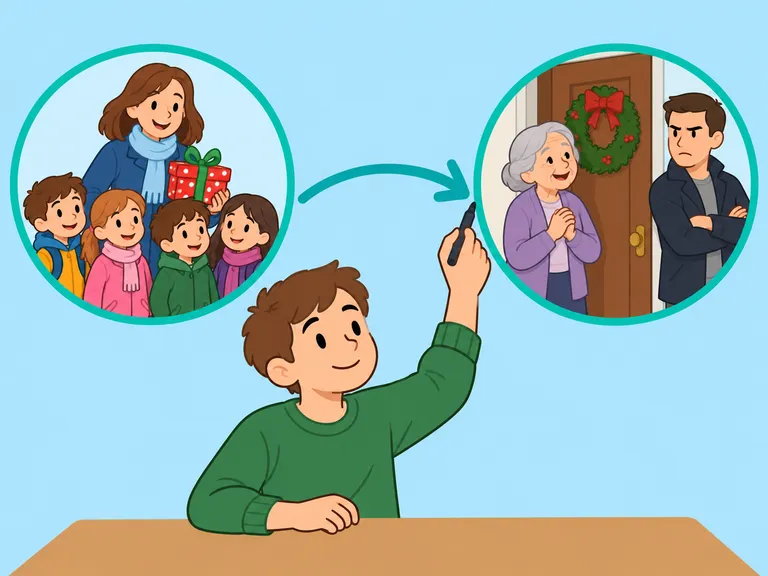 Eine Person verbindet Bildkarten der Mutter mit ihren Vierlingen und der Familie an der weihnachtlichen Tür.