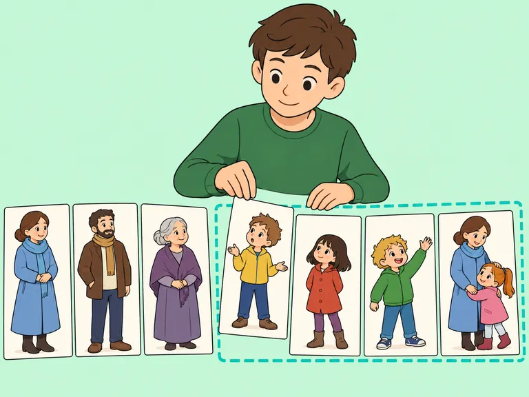 Eine Person entwickelt unterschiedliche Merkmale für die Mutter, die Erwachsenen und jedes der vier Kinder.
