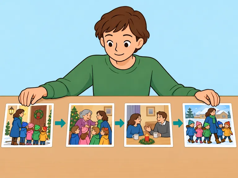 Eine Person ordnet die Ankunft, Begrüßung, Aussprache und Abreise als Szenen der Weihnachtsgeschichte.