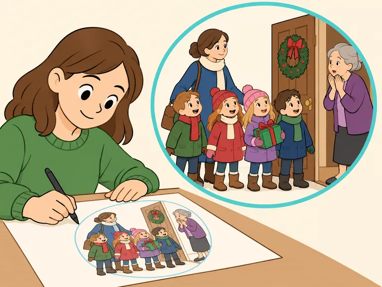 Eine Person entwirft die Ankunft der Mutter mit ihren Vierlingen an der weihnachtlich geschmückten Tür.