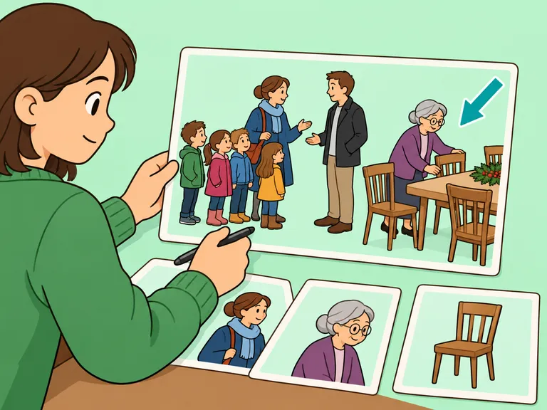 Eine Person entwickelt das Gespräch der Erwachsenen und die Begrüßung der vier Kinder beim Weihnachtsessen.