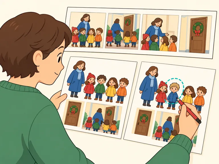 Eine Person überarbeitet die Weihnachtsgeschichte und vergleicht Figuren und Szenen auf Widersprüche.