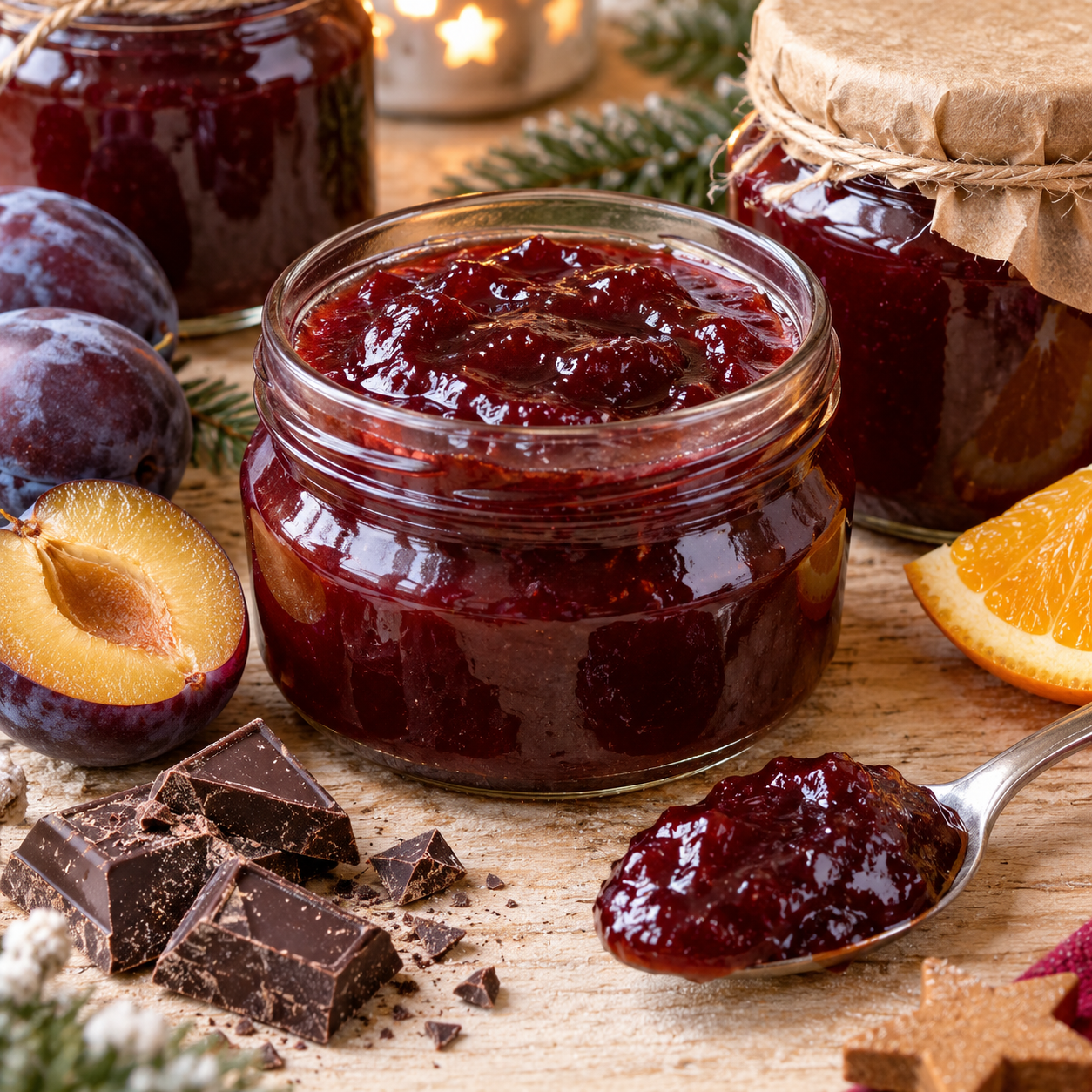 Dunkelrote Zwetschgen-Schokoladen-Marmelade in kleinen Gläsern