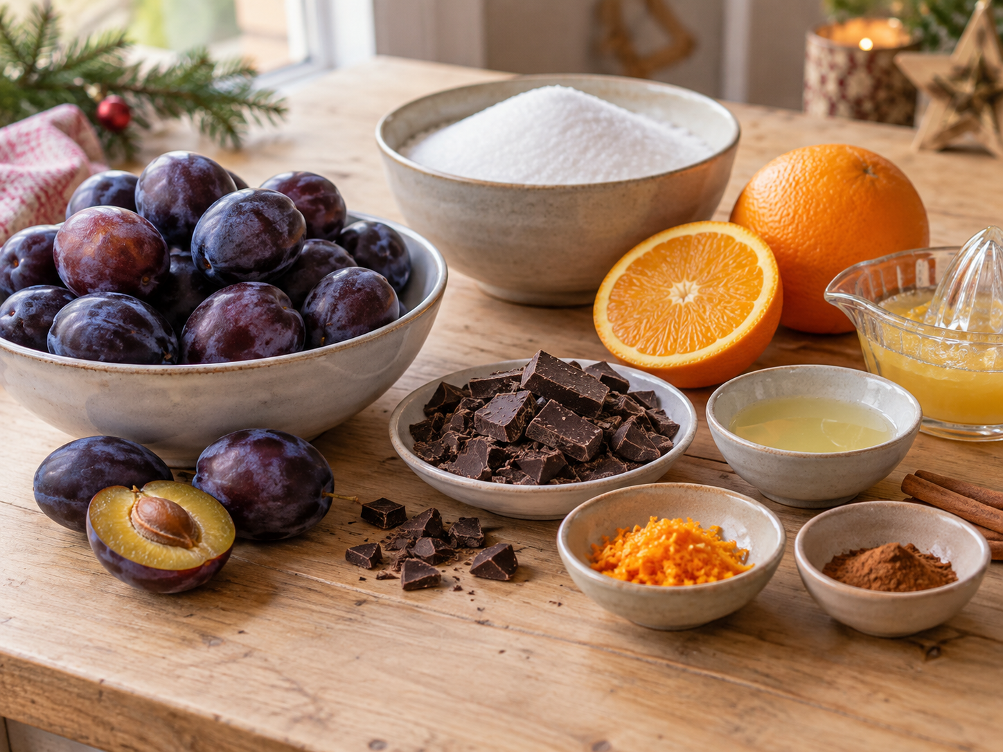 Zutaten für Zwetschgen-Schokoladen-Marmelade mit Orange und Zimt