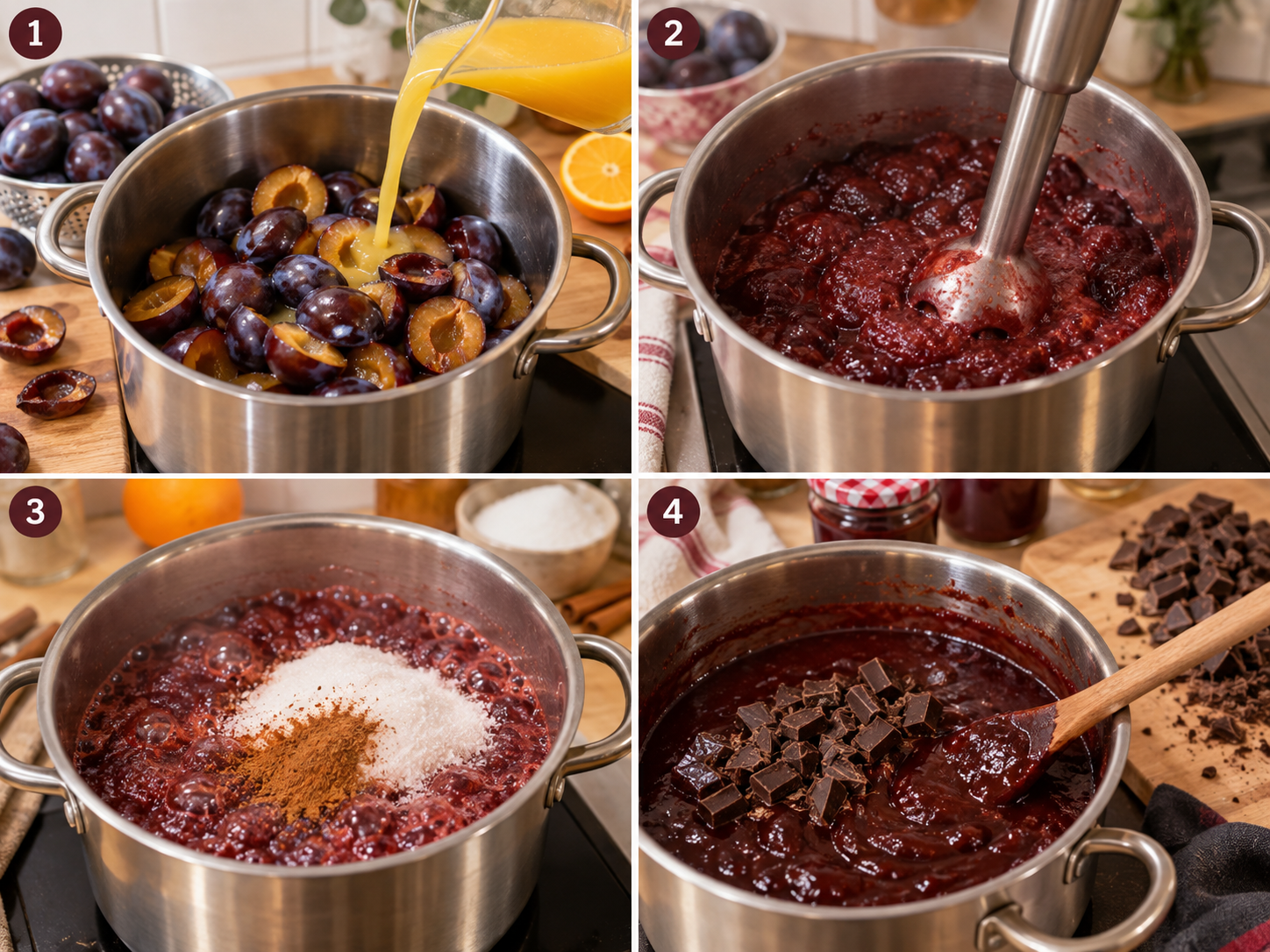 Vier Schritte beim Kochen von Zwetschgen-Schokoladen-Marmelade