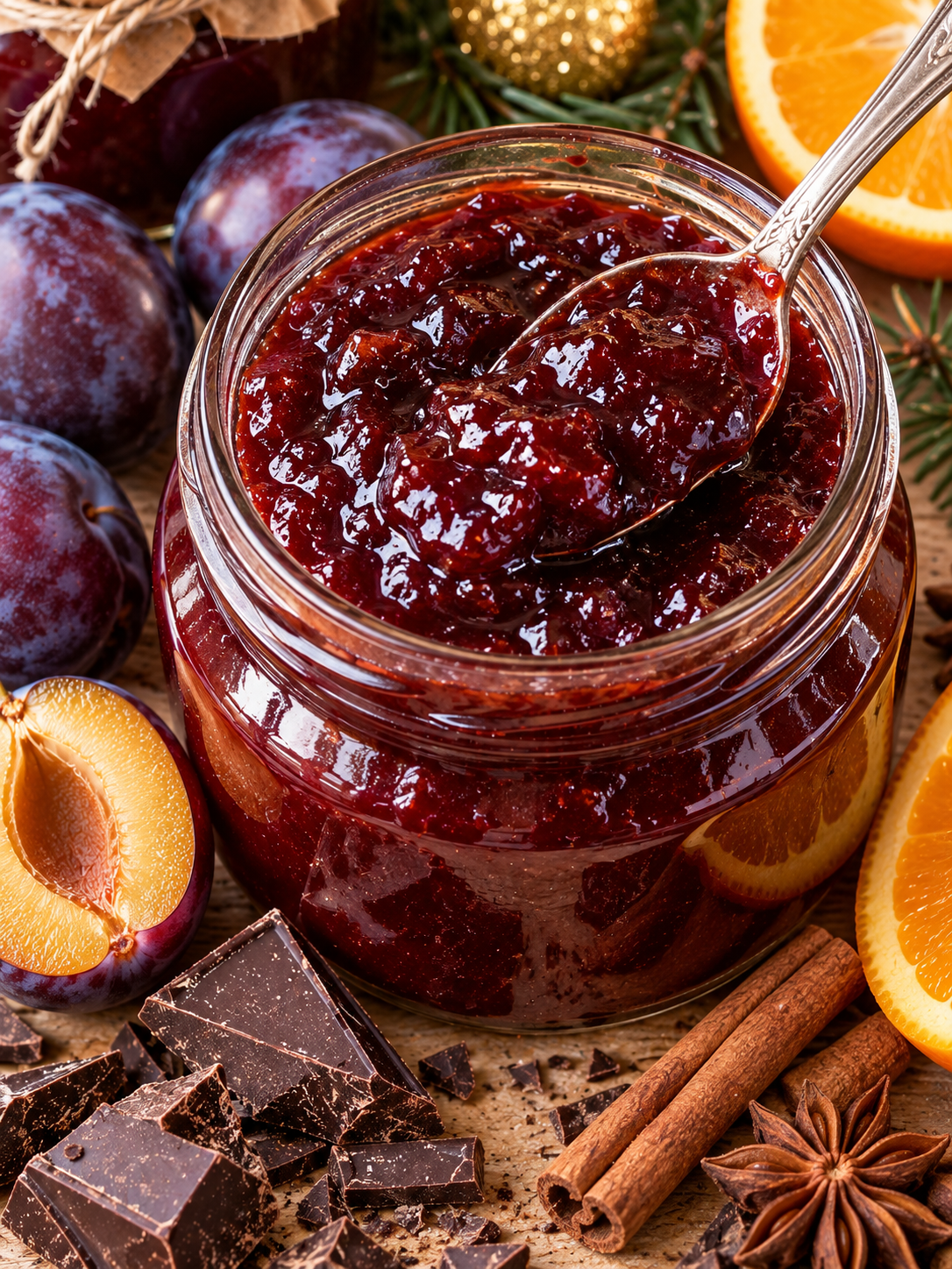 Geöffnetes Glas Zwetschgen-Schokoladen-Marmelade mit Orange und Zimt