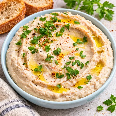 Weißer Bohnenaufstrich mit Olivenöl, Petersilie und Brot