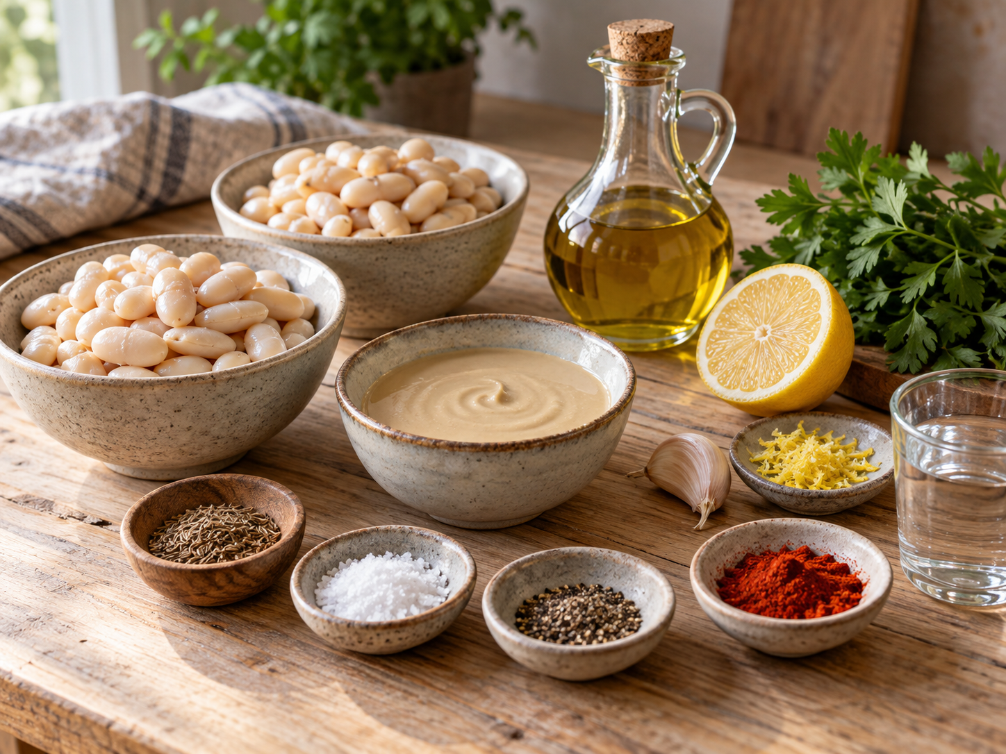 Zutaten für weißen Bohnenaufstrich mit Tahini, Zitrone und Petersilie