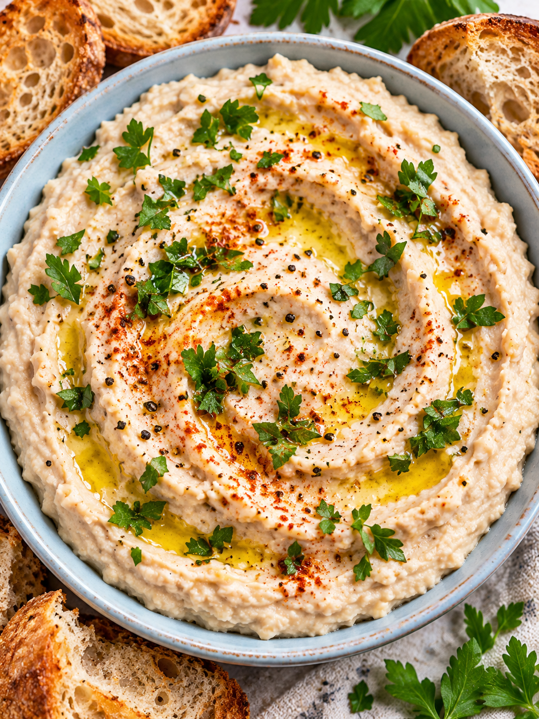 Weißer Bohnenaufstrich mit Olivenöl und Petersilie von oben