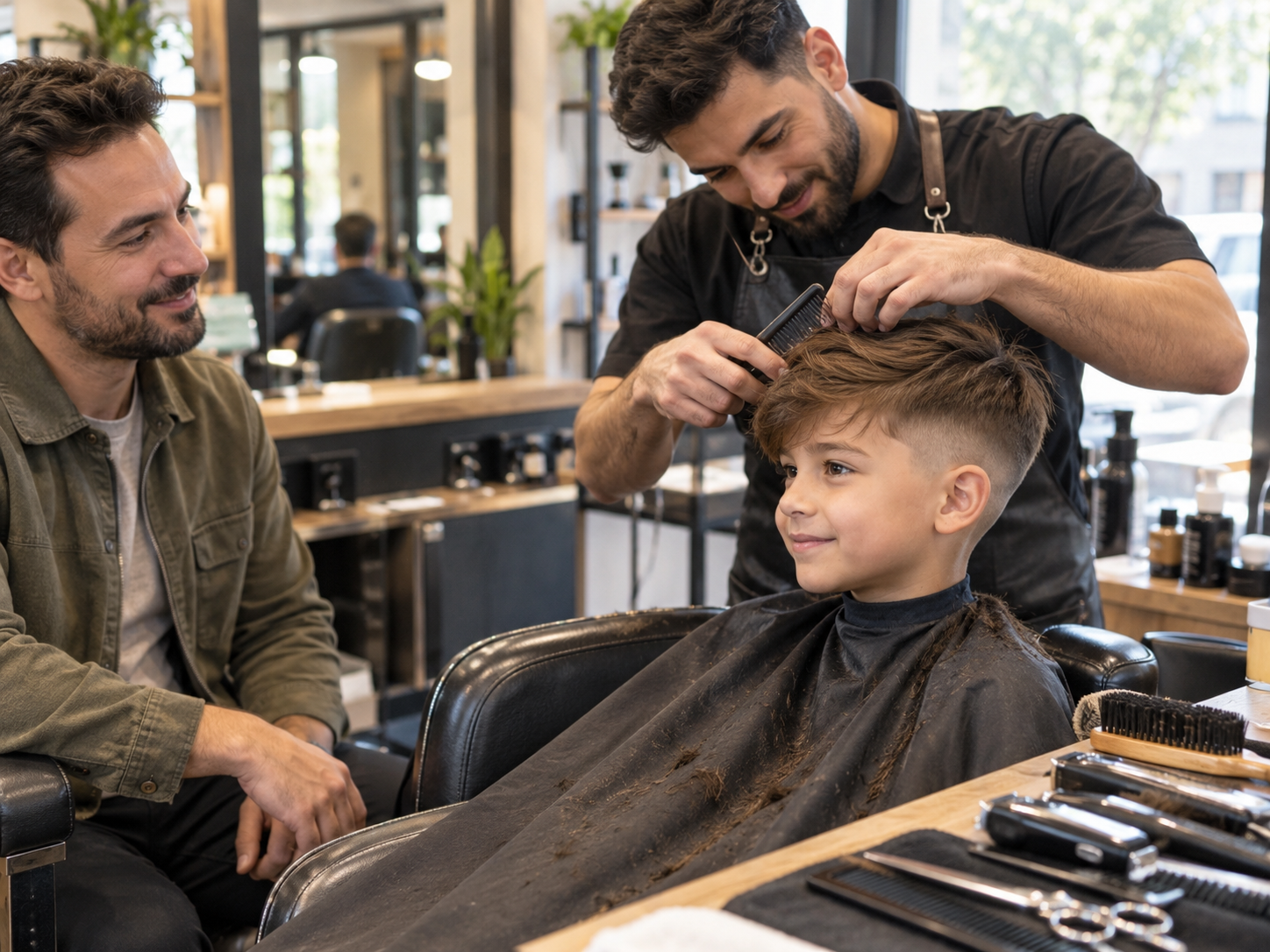 Ein Kind sitzt entspannt beim Friseur, während ein moderner Kinderhaarschnitt geschnitten wird.