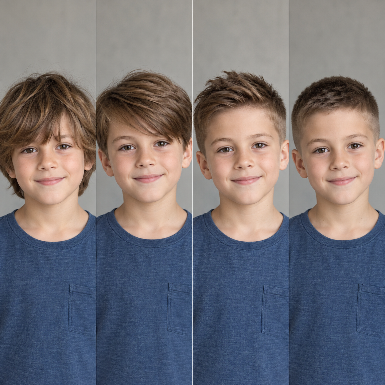 Vier ruhige Porträts eines Jungen mit unterschiedlichen Kinderhaarschnitten.