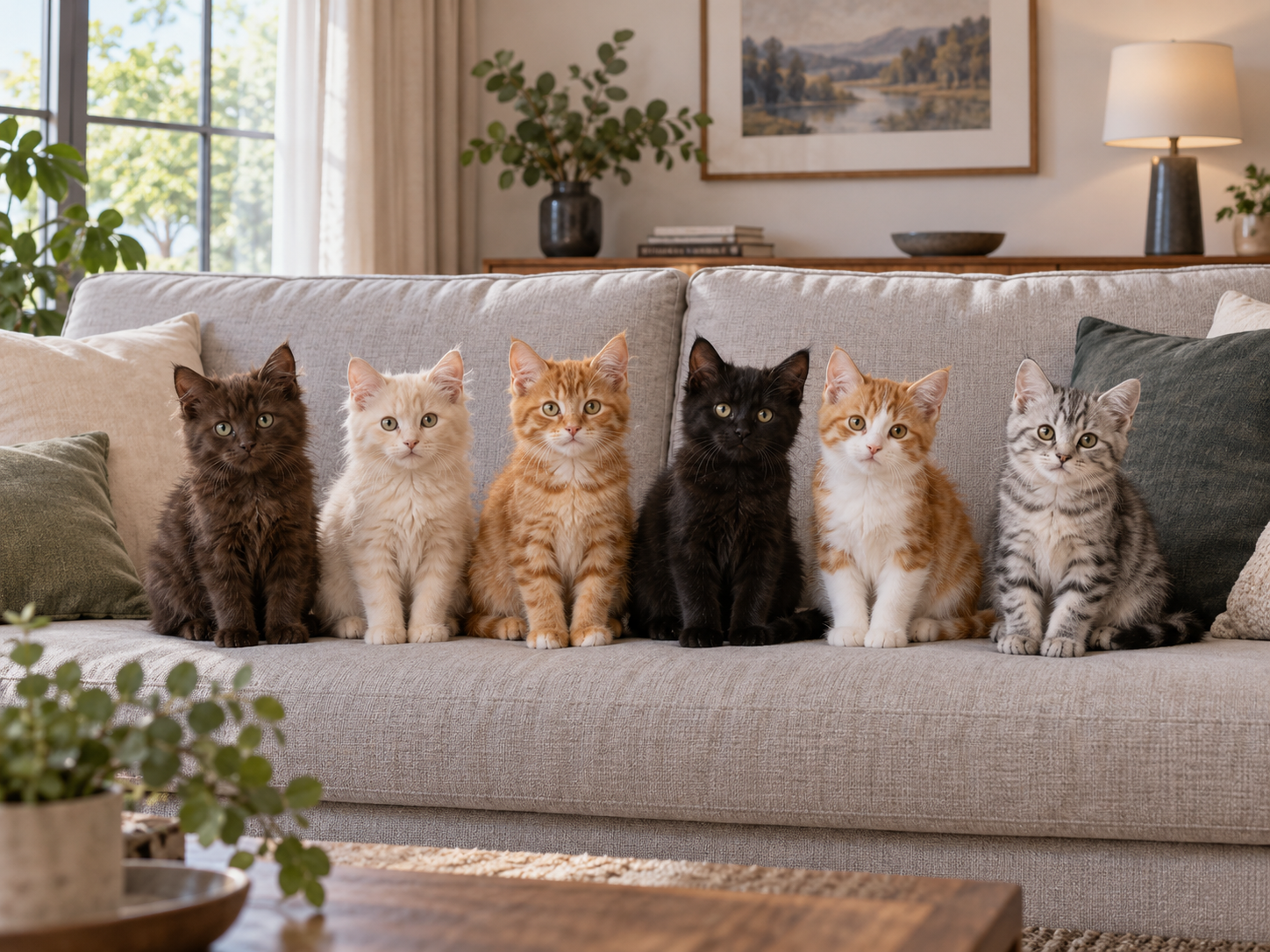 Sechs Kätzchen auf einem Sofa mit sichtbaren Kissen, Fenster und ruhiger Wohnzimmerumgebung.