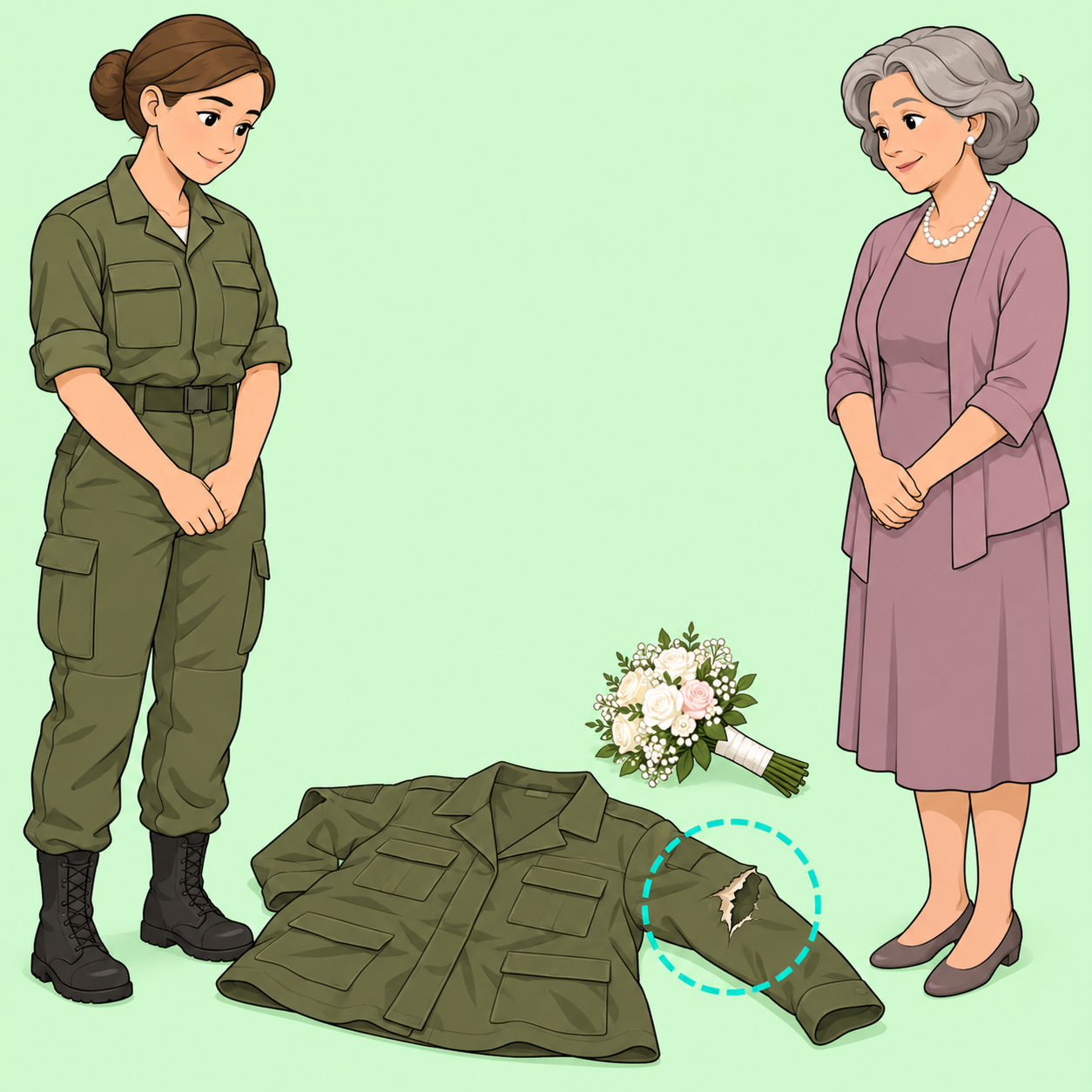 Eine Soldatin und ihre Mutter stehen mit Abstand neben einer beschädigten Uniformjacke; ein Brautstrauß deutet die bevorstehende Hochzeit an.