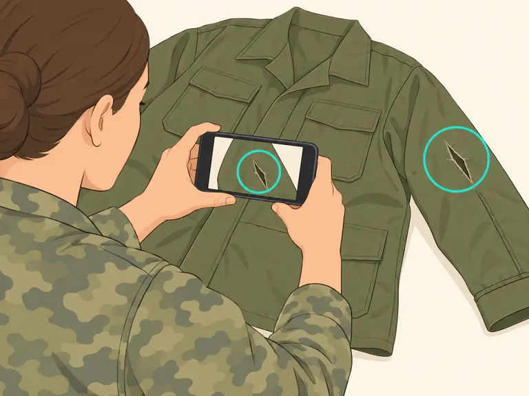 Eine Soldatin fotografiert den eingerissenen Ärmel ihrer flach liegenden Uniformjacke.