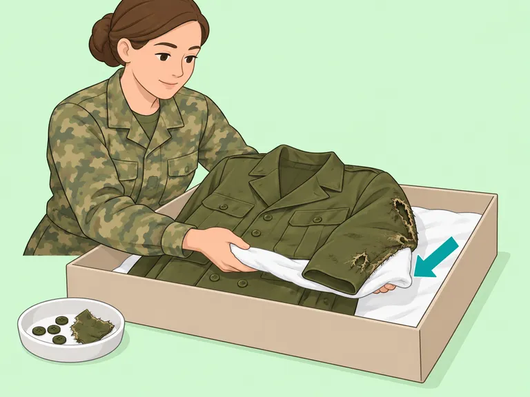 Die beschädigte Uniform wird auf einer tragenden Unterlage flach aufbewahrt; lose Teile liegen daneben.