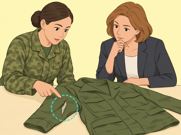 Eine Soldatin lässt die beschädigte Uniformjacke beurteilen, bevor sie eine Reparatur beauftragt.