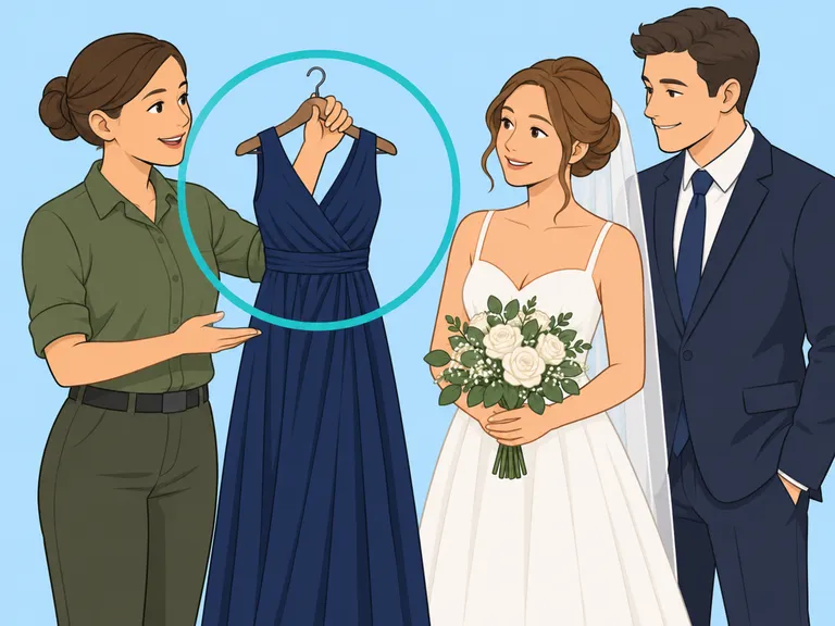 Eine Soldatin bespricht mit dem Brautpaar ein dunkelblaues Kleid als Kleidung für die Hochzeit.