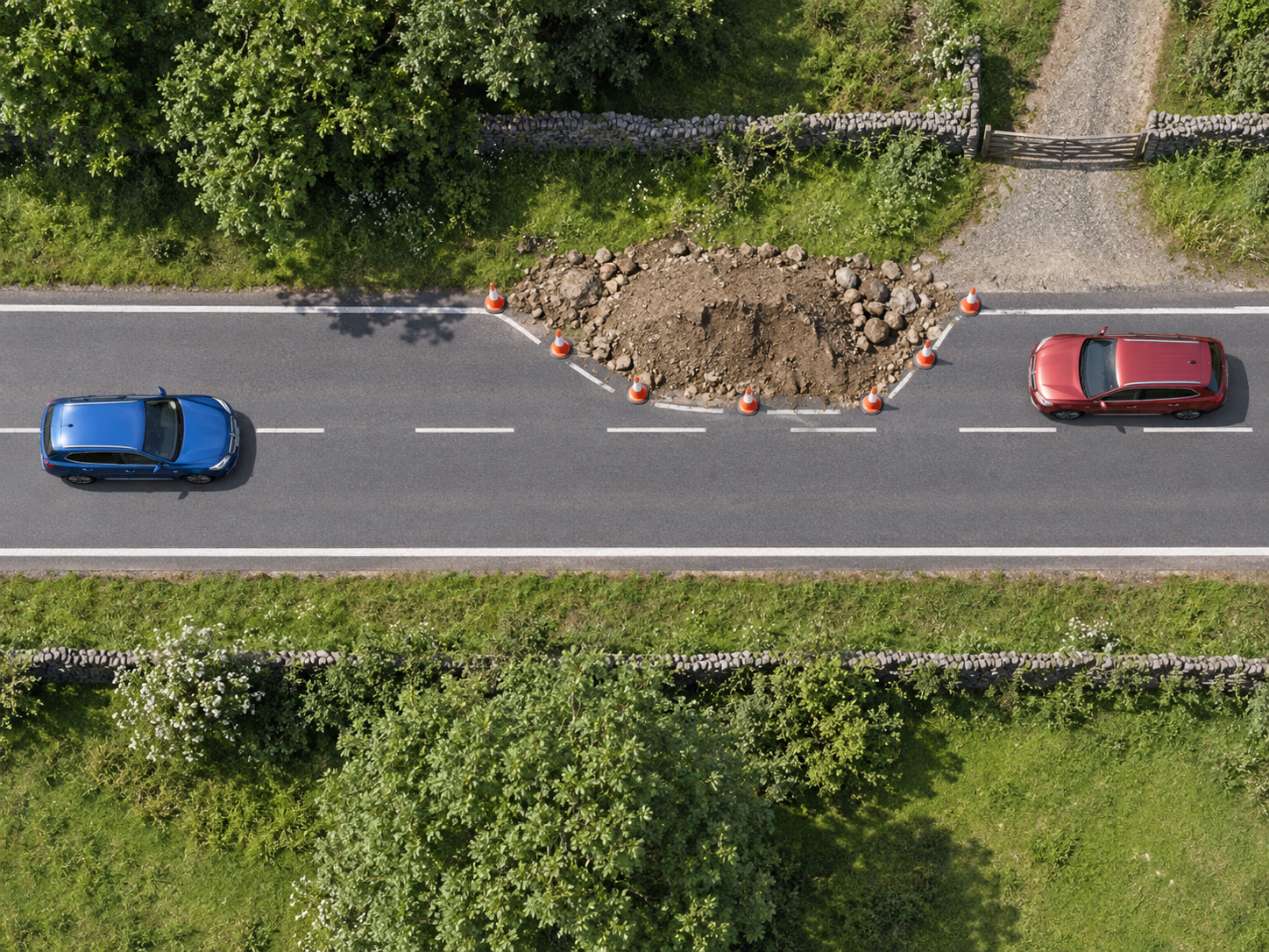 Draufsicht auf eine verengte Straße mit Baustelle und zwei gegenüberstehenden Fahrzeugen.
