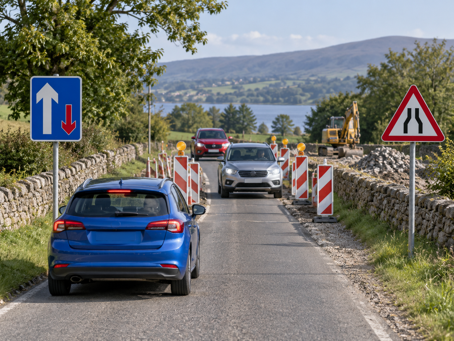Vereinfachte Verkehrsszene mit Baustellen-Engstelle, Schildern und drei Fahrzeugen.