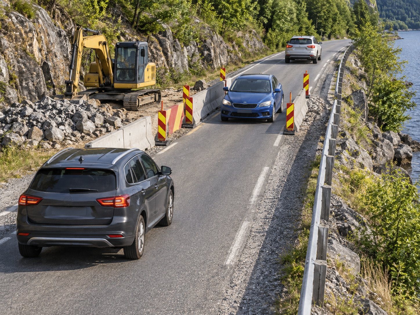 Verkehrsrätsel nach dem Freimachen der Engstelle mit einem wartenden dritten Fahrzeug.