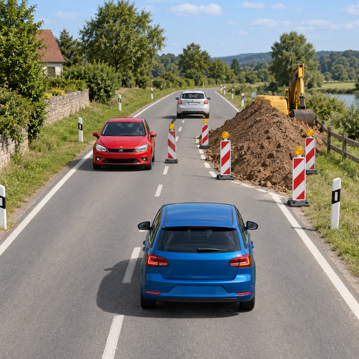 Illustration einer Baustellen-Engstelle mit drei Fahrzeugen in einer Verkehrsregel-Szene.