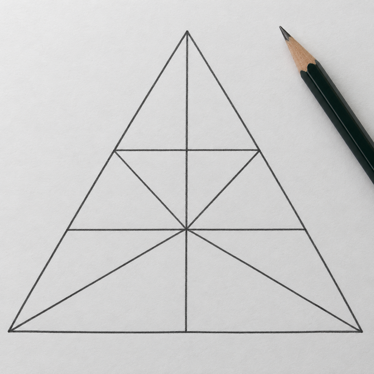 Ein geometrisches Dreiecks-Bilderraetsel auf Papier mit Bleistift daneben.