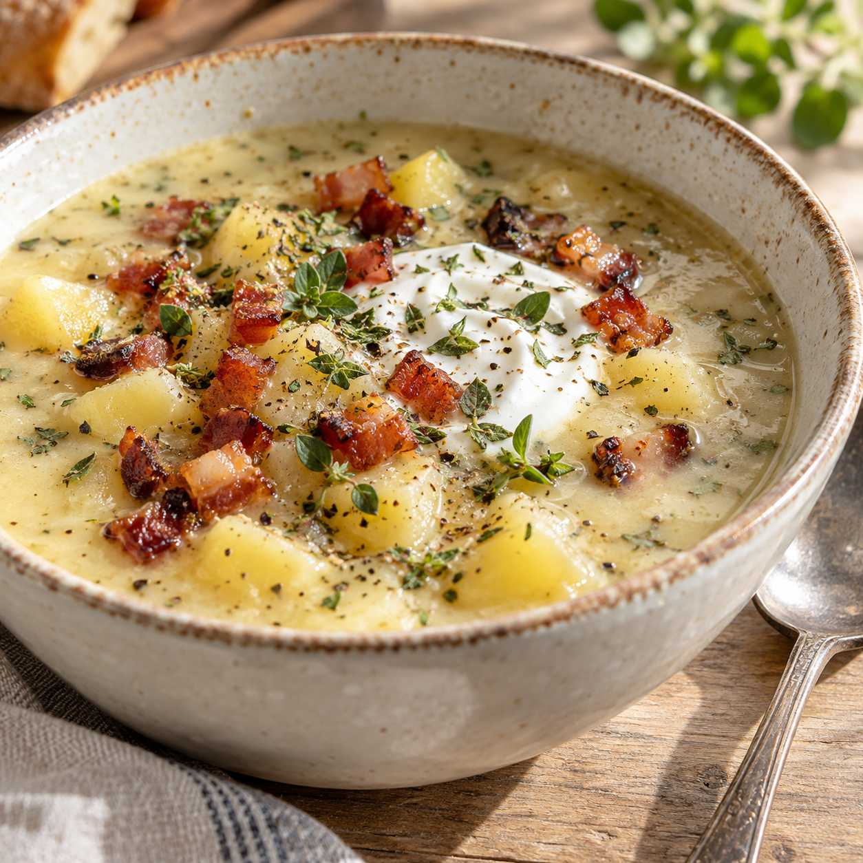 Wiener Kartoffelsuppe mit Speck, Kräutern und saurer Sahne