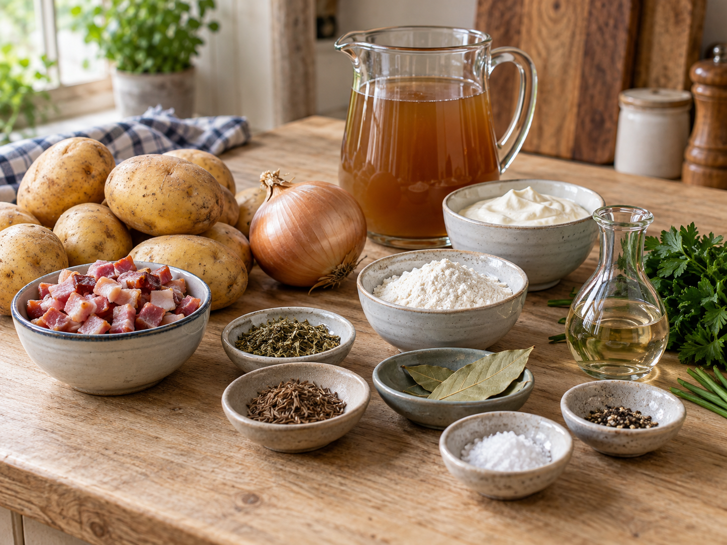 Zutaten für Wiener Kartoffelsuppe mit Speck und saurer Sahne