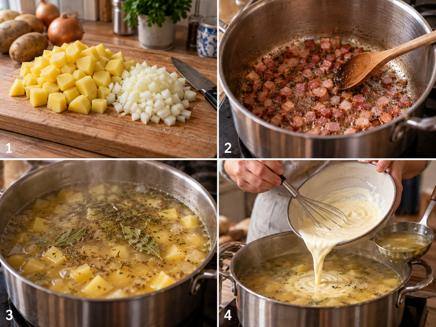 Vier Schritte für Wiener Kartoffelsuppe vom Speck bis zur sauren Sahne