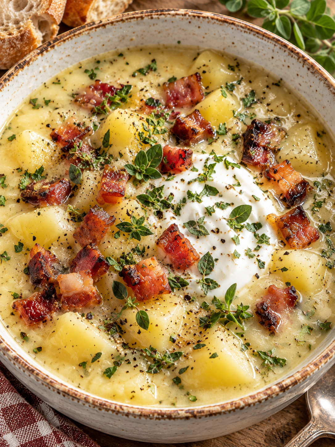 Cremige Wiener Kartoffelsuppe mit Speck und Kräutern im Teller