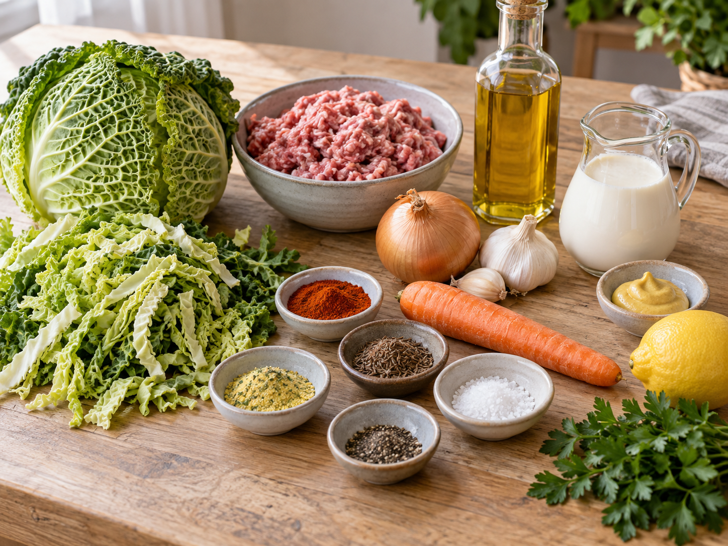 Zutaten für Wirsing-Hack-Pfanne mit Kohl, Hackfleisch und Sahne