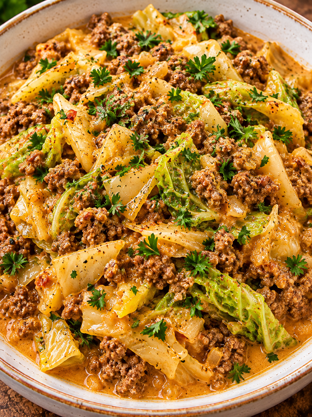 Wirsing-Hack-Pfanne mit cremiger Sauce und Petersilie