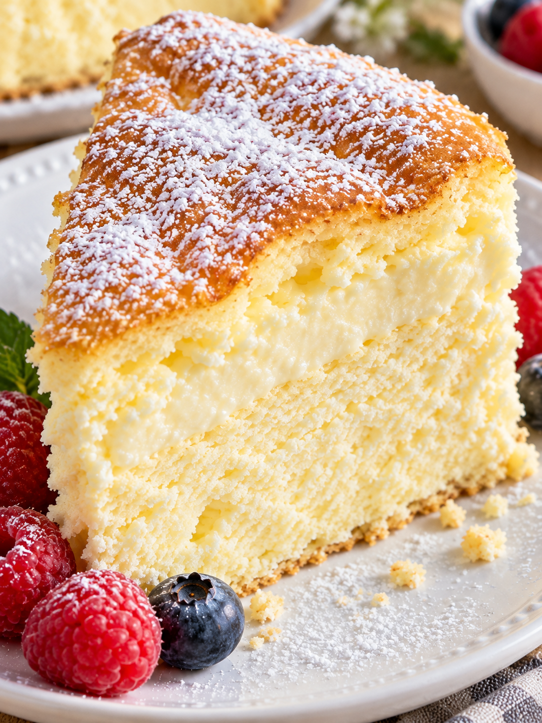 Angeschnittener Wolkenkuchen ohne Mehl mit Puderzucker und Beeren