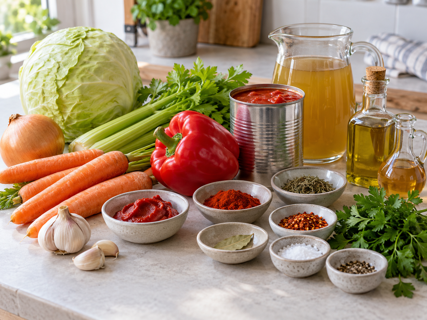 Zutaten für WW-Kohlsuppe mit Kohl, Tomaten, Möhren und Kräutern